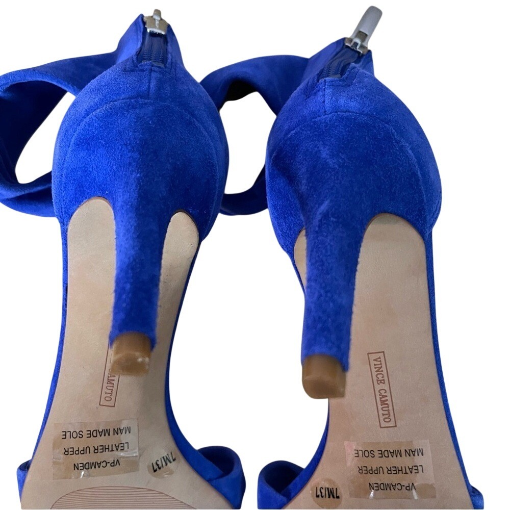 Vince Camuto Camden Cobalt Blue Suede Ankle Wrap‎ Stiletto Sandals Heels 7 - Picture 8 of 10